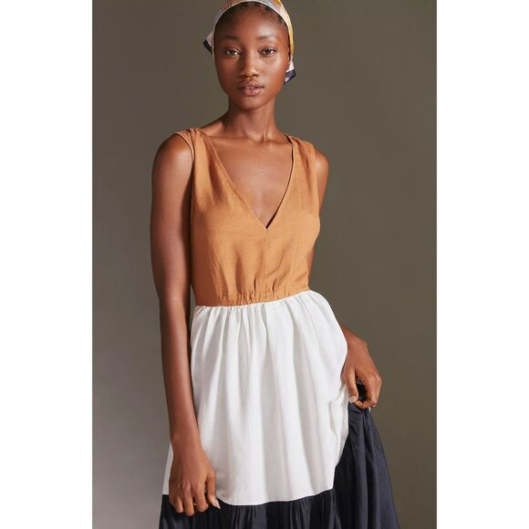 Anthropologie En Saison V-Neck Colorblock Maxi Dress Brown White Navy Medium - Picture 3 of 15